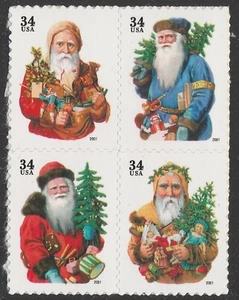 US 3537-3540 3540b Holiday Greetings Santa Claus 34c block 4 MNH 2001 - Picture 1 of 1