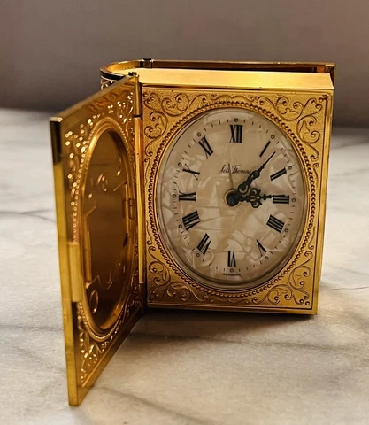 Vintage Seth Thomas Gold-Tone Book Desk Travel Alarm Clock Made In Germany Pearl Cover