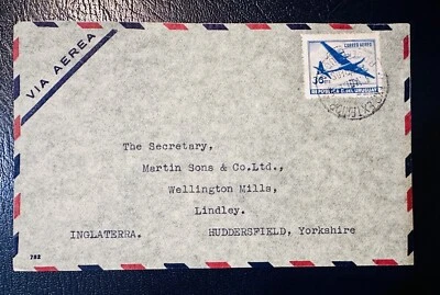1952? Винтажная авиационная марка Уругвая на конверте в Англию с четырьмя моторами - Изображение 1 из 2