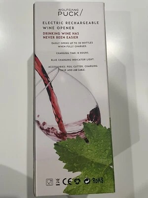 Wolfgang Puck abridor de vinho elétrico recarregável com cortador de papel alumínio, base e cabo USB - Imagem 1 de 4