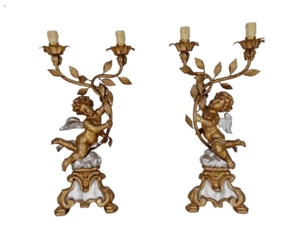 Coppia lampade con putti/angeli in legno dorato e argentato-candelieri-primi 900 - Foto 1 di 16