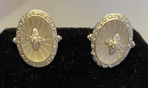 18K White Gold Carved Rock Quartz Frosted Crystal and Diamond Halo Earrings - Picture 1 of 14