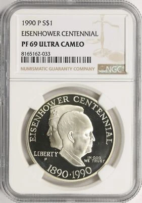 1990-P $1 Eisenhower Centennial Silver Dollar Commemorative NGC PF69 Ultra Cameo - Image 1 of 2