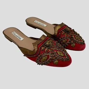 Oscar de la Renta Spanish Mules Slip-on Flats Sequins Red Bronze leather size 36 - Picture 1 of 17