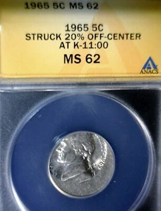 1965 ERROR ANACS MS62 20% OFF CENTER Jefferson Nickel BU + EARLY O/C Coin NR - Picture 1 of 4