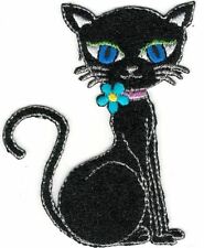 Black Cartoon Cat Patch Embroidered Sitting Feline Flower collar Iron on Sew on