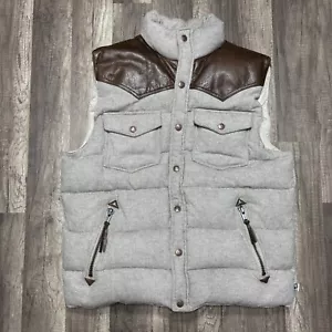 Penfield Vest Mens Medium Down Puffer Leather Trim Wool Trailwear Herringbone - Picture 1 of 14