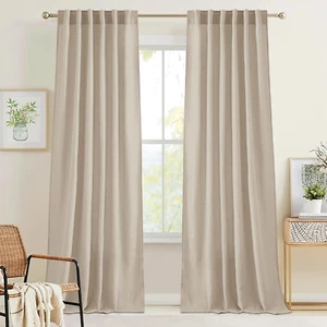 Back Tab Taupe Linen Curtains for Farmhouse, Boho Rustic Sheer Decoration for Di - Picture 1 of 7