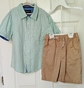 NWOT Kenneth Cole 2-Pc Boys Set  - Green shirt & Beige shorts -Sz 7 100% cotton - Picture 1 of 8