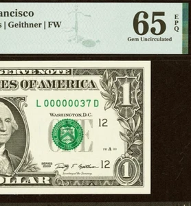 2009 $1 San Francisco FRN birthday gift PMG 65EPQ low serial number 00000037 - Picture 1 of 3