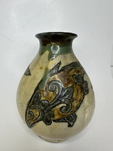 Japanese Okinawan Ceramic Studio Pottery Jar Vase Fish Ryukyu Japan 6” Tall - Picture 1 of 13
