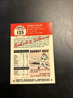 B52 1991 Topps Archives 1953 Reprint #125 Dick Williams, Brooklyn Dodgers - Image 1 of 2