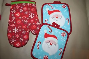 NUEVO 3 PIEZAS. JUEGO DE GUANTES DE POTHOLDERS Y HORNO NAVIDAD SANTA HEAD - Imagen 1 de 2
