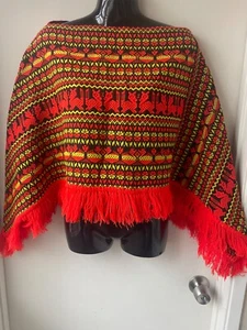WOMENS Cotton poncho sweater orange OS S pullover fringe Cinco De Mayo cape - Picture 1 of 5