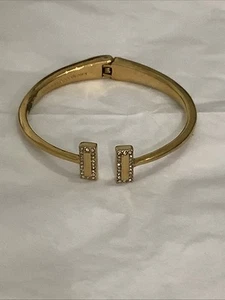 KATE SPADE Raising The Bar Yellow Gold & Black Enamel Cuff Bracelet Crystal Pave - Picture 1 of 3