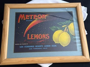 Vintage Meteor Marke Zitronen Kiste Etikett Kunst San Fernando CA gerahmt 16x13 - Bild 1 von 8