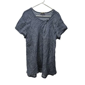 Flax Women 100% Linen Geometric Oversized Blouse Shirt Blue Short Sleeve Size M - Picture 1 of 6