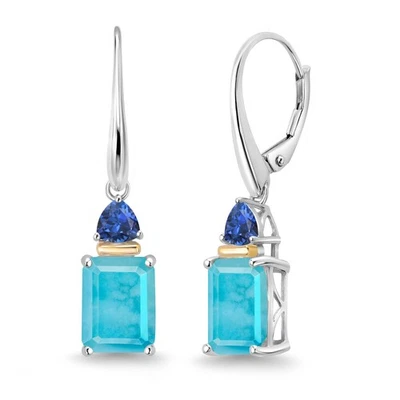 4.14 Ct Green Turquoise Created Sapphire 925 Silver and 10K Yellow Gold Earrings - Image 1 of 4