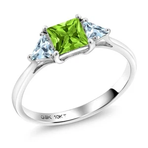 10K White Gold Peridot and Aquamarine 3 Stone Engagement Ring For Women (1.07 - Picture 1 of 5
