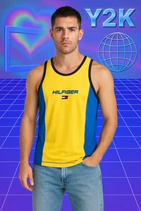 Tommy Hilfiger Yellow Blue Colorblock Tank Top Men’s Size L Vintage Y2K Logo - Picture 1 of 7