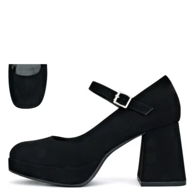 SODA-NOSTA PLATFORM NUBUCK PU MARY JANES PUMP Square Toe 3" Hi-Chunky Block Heel - Image 1 of 4