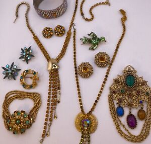 Vintage Jewelry Lot MCM Colorful Rhinestone Gold Tone Jewelry Judy Lee
