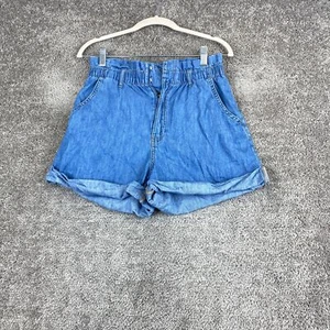 H&M Denim Paperbag Shorts Women's Size 4 Blue Cuffed Hem Slash Pocket High Rise - Picture 1 of 9