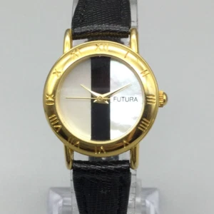 Vintage Futura Watch Women 24mm Gold Tone MOP Black Leather Band New Battery - Picture 1 of 14