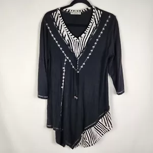 Elegant Womens Casual Tunic Blouse Size M 12 Black White 3/4 Sleeve Asymmetric - Picture 1 of 12