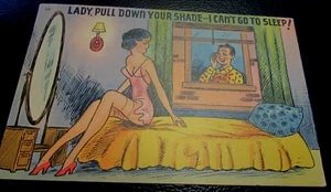 TARJETA POSTAL VINTAGE - LADY PULL DOWN YOUR SHADE - NO PUEDO DORMIR - USADA 1940 - Imagen 1 de 2