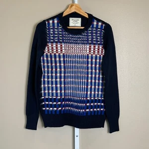 EUC Women's Abercrombie & Fitch Navy Blue Plaid Sparkle Fur Accent Sweater-SMALL - Picture 1 of 24