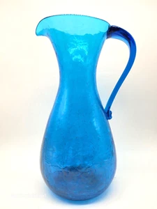 MCM BLENKO Blue CRACKLE GLASS Water Pitcher Vase 12" HAND BLOWN APPLIED HANDLE - Picture 1 of 7