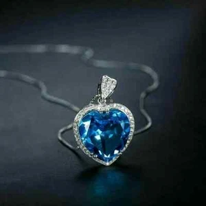 Lab-Created London Blue Topaz 4Ct Heart Cut Fancy Pendant 14K White Gold Plated - Picture 1 of 7
