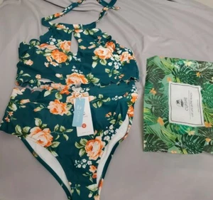 Cupshe High Waisted Teal Floral High Waisted Bikini Med-New with Tags C#102 - Foto 1 di 9