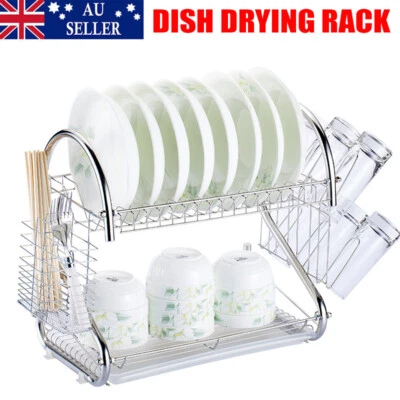 2 tier Dish Drying Rack Drainer Cup Plate Holder Cutlery Tray Kitchen Organizer - image 1 of 4