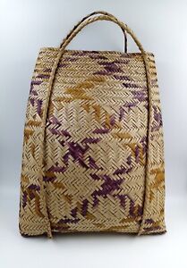 Vintage Wicker Handbag Medium 30x40cm Summer Handbag Beach Bag Beige With Purple