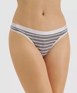 Jenni Women's Gray Stripe w/ White Satin Trim Thong Panty Size Medium - Picture 1 of 3