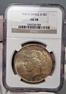 Choice AU 1934-D **Small "D" Variety** Silver PEACE Dollar. NCG AU58. - Picture 1 of 13