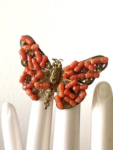 Broche Perles Corail Papillon Couture Metal Dore jewelry brooch bijoux ancien - Imagen 1 de 5