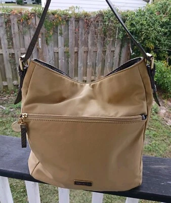 TOMMY HILFIGER Sateen Shoulder Bag Tan Brown Purse Boho Gold Details Clean - Image 1 of 4
