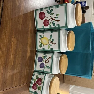 VTG Lillian Vernon Kitchen Canister Set Ceramic Wooden Lids Fruit Theme Colorful - Picture 1 of 9