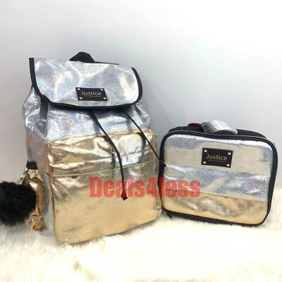 Justice Backpack & Lunch Tote Metallic Set Two Tone Silver Gold Rucksack NWT Foto 1 de 4