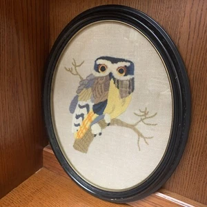 Vtg Mid Century Owl MCM Needlepoint Embroidered Decor 70s Mod Hippie Wall Art - Picture 1 of 4