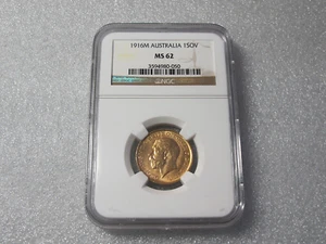 AUSTRALIA 1916 MELBOURNE GOLD SOVEREIGN LOW MIN KEY DATE MS-62 - Picture 1 of 4