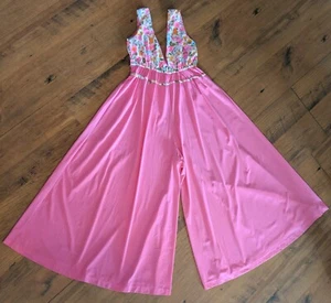 Vintage Beach Pajama Palazzo Jumpsuit Bright Pink Floral Nylon OS - Picture 1 of 12