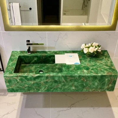 48"x24"x8" Green Fluorite Stone Sink Floating Vanity Countertop Basin - Image 1 of 4