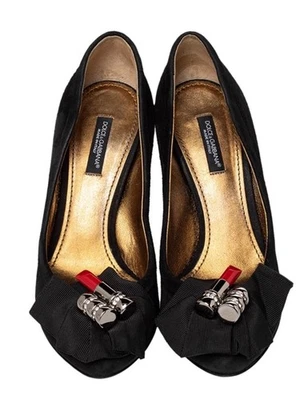 Dolce & Gabbana Black Suede And Fabric Embellished Bow Pumps Size 38 1/2 - Imagem 1 de 4