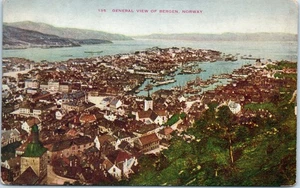 General View of Bergen Norway Vintage Postcard Harbor Scene Birds eye view - Picture 1 of 2