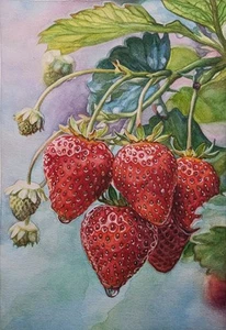 Erdbeer Gemälde Original Aquarell Obst Beeren Gemälde Lebensmittel Küche Kunst - Bild 1 von 16