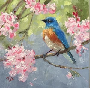Bluebird Blossoms Original Oil Painting 10 X 10 Inches Bird Art Impressionist - Picture 1 of 3